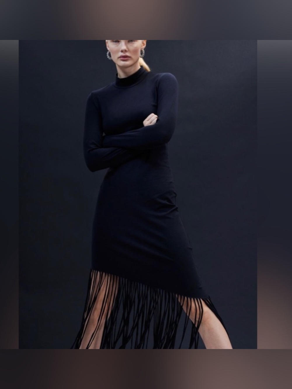 H&M | Black dress diagnol fringe trimmed hem